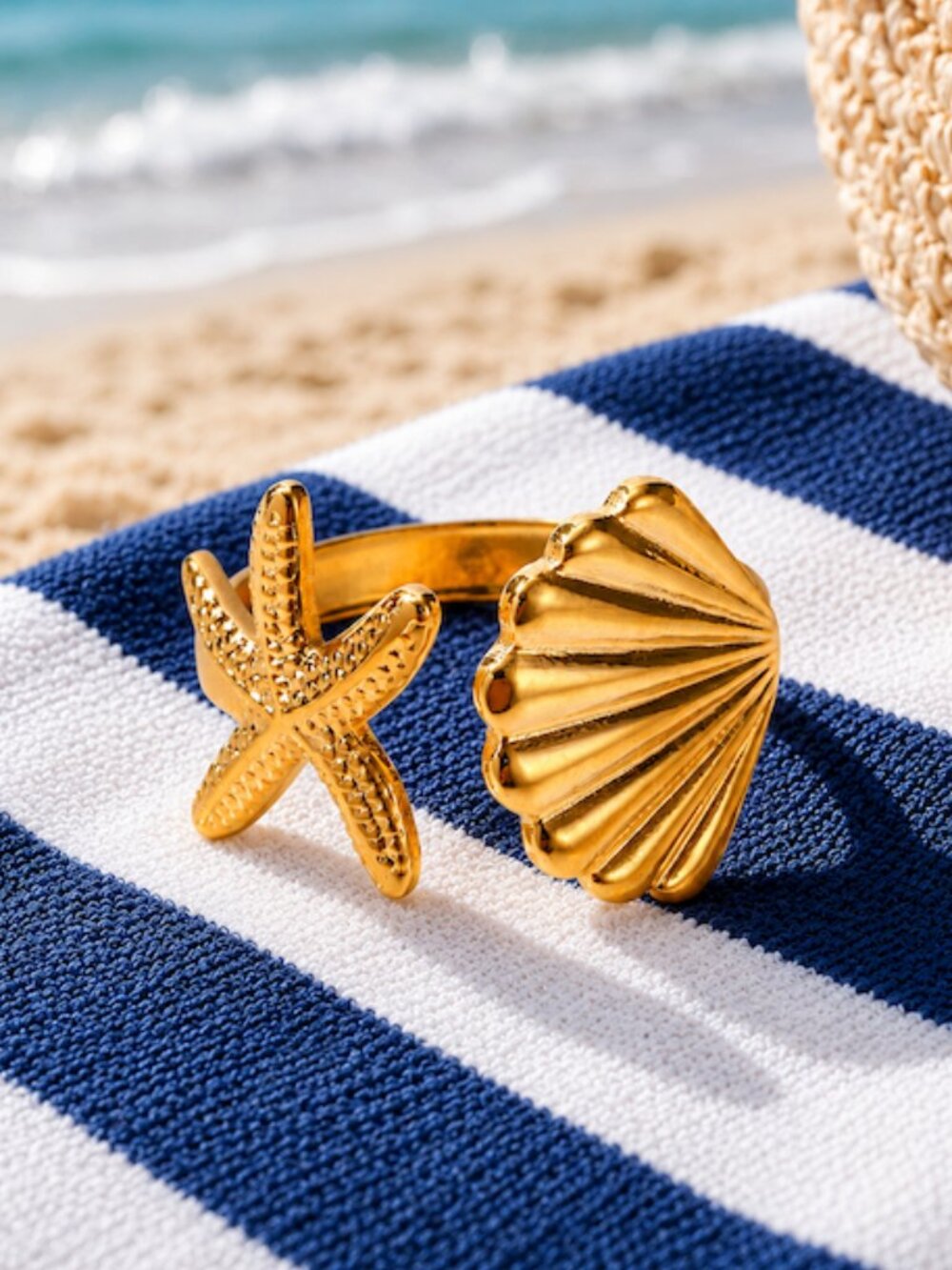 18K Gold Plated Starfish Shell Open Adjustable Ring Beach Ocean Jewelry NEW